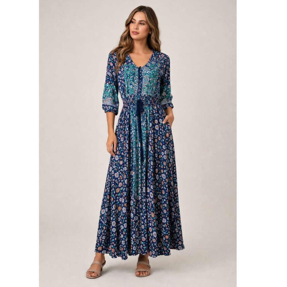Jaase Ziah Indiana Boho Floral Maxi Dress Small Empire Waist Tassel Tie